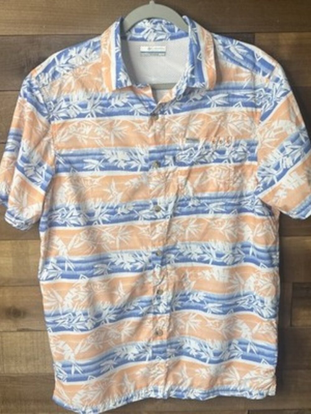 Columbia PFG Men's XS Short Sleeve Fishing Shirt Blue Orange Tropical Leaf Print
